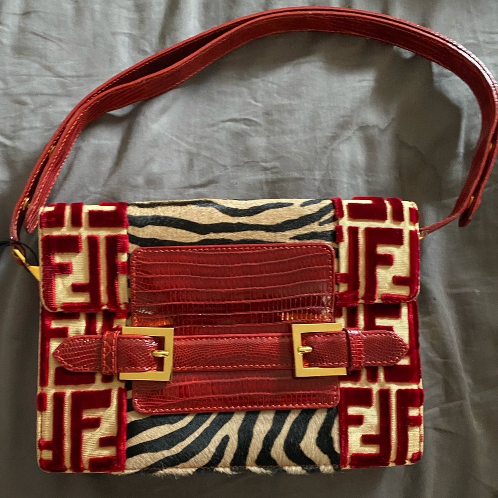 Fendi Zebra Print and Red monogram lizard Women's Bag